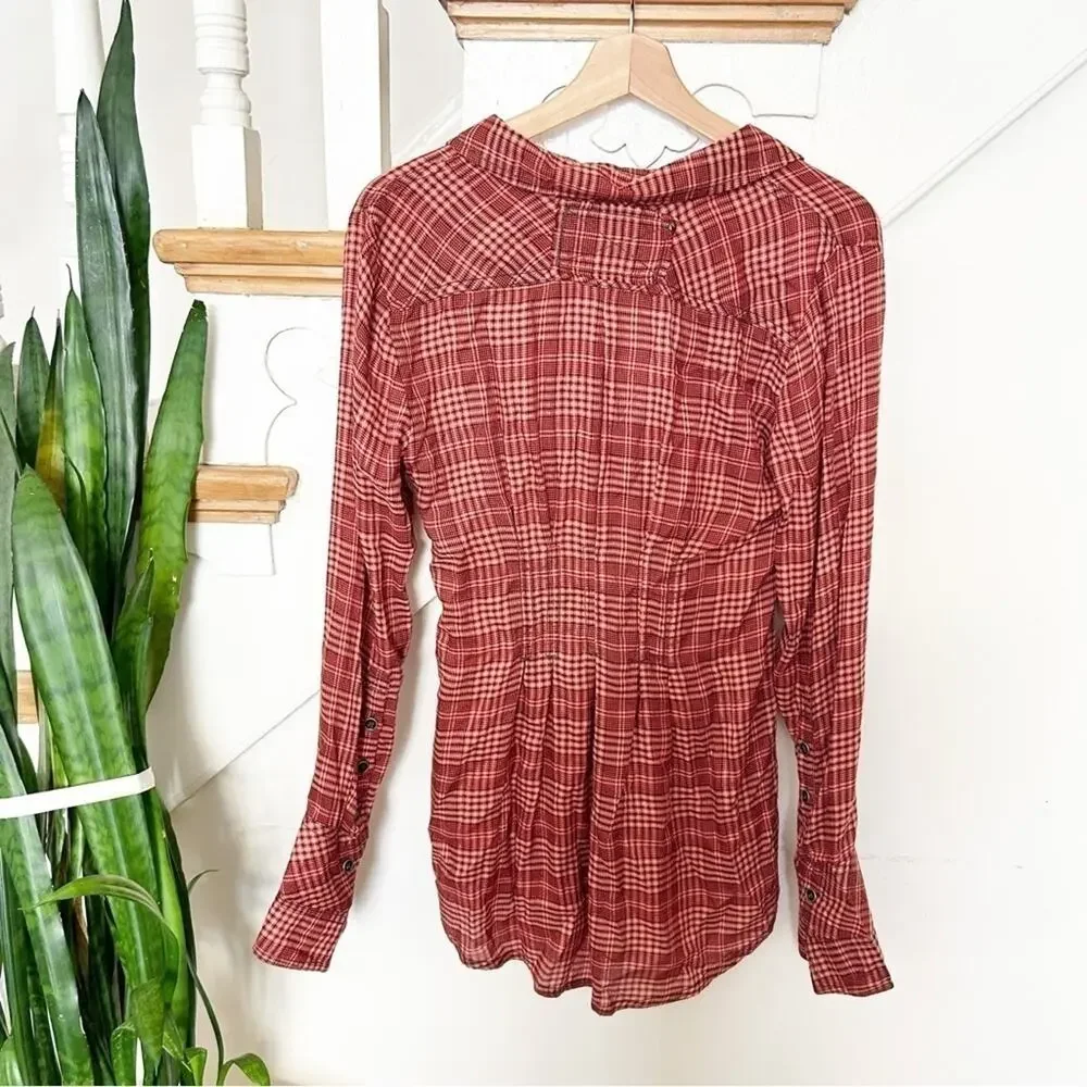 NWT Free People We The Free Red Combo Plaid Catalina Remade Shirt Combo Tunic S